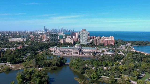 Chicago,IL/USA-September 21st 2019: aerial drone view of the Museum of science and industry from the phoenix garden park in the south side of Chicago. the landscape is a beautiful tourist destination.
