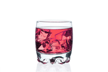 A glass of whiskey with ice cubes on a white background.