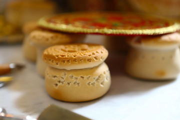 Proskura, the divine bread of the prosphor with the particles removed, used during the liturgy of the preparation of the sacred secret of the Eucharist in the Orthodox Church.