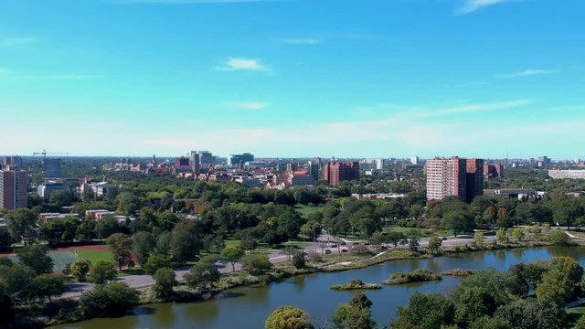 Chicago,IL/USA-September 21st 2019: aerial drone view of the Museum of science and industry from the phoenix garden park in the south side of Chicago. the landscape is a beautiful tourist destination.
