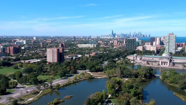 Chicago,IL/USA-September 21st 2019: aerial drone view of the Museum of science and industry from the phoenix garden park in the south side of Chicago. the landscape is a beautiful tourist destination.