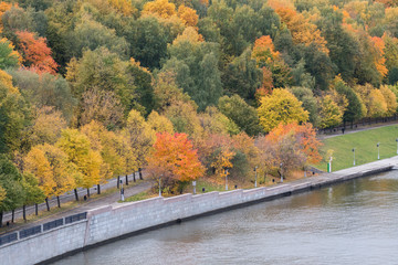 Autumn landscape. View at Vorobyovy Gory park and Moscow river. Moscow, Russia.