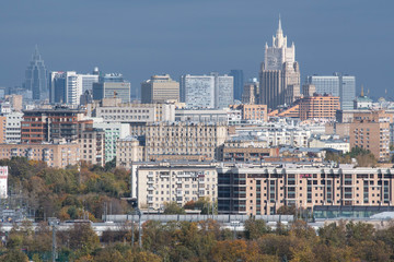 Autumn cityscape. Panorama of Moscow from Vorobyovy Gory. Moscow, Russia.