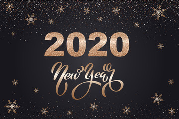 Happy new year banner. Vector illustration of a happy new year in gold and black colors. Beautiful inscription. Background for the holiday.