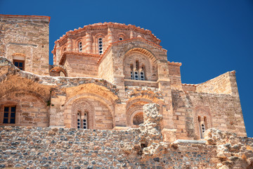 The Church of Agia Sophia on top of the plateau, with the sea in the Background in Monemvasia, Greece. 