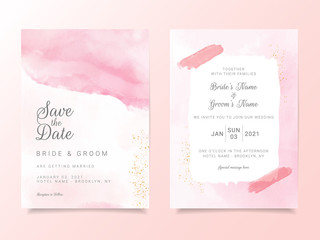 Fototapeta na wymiar Watercolor textured wedding invitation cards template. Artistic rose gold abstract decoration background for greeting card, poster, or multi-purpose use. Fluid cards template vector