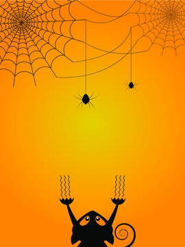 Silhouette spider with spider web and scary cat. Happy halloween on october