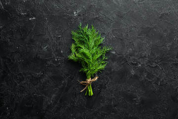 Fresh green dill on a black stone background. Top view. Free space for your text.
