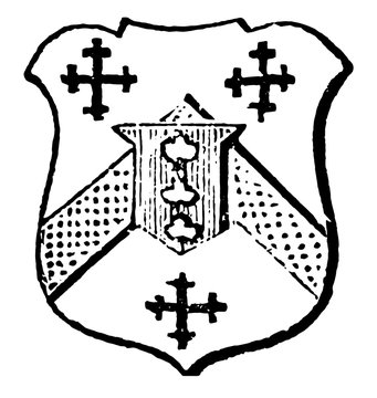 Escutcheon of Pretence are between three crosslets sable, vintage engraving.