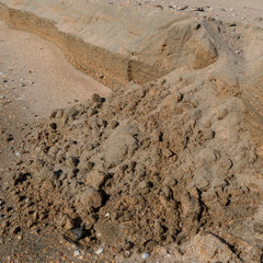 Sandy cliff. Small sandy wall. Layered sandstone walls.