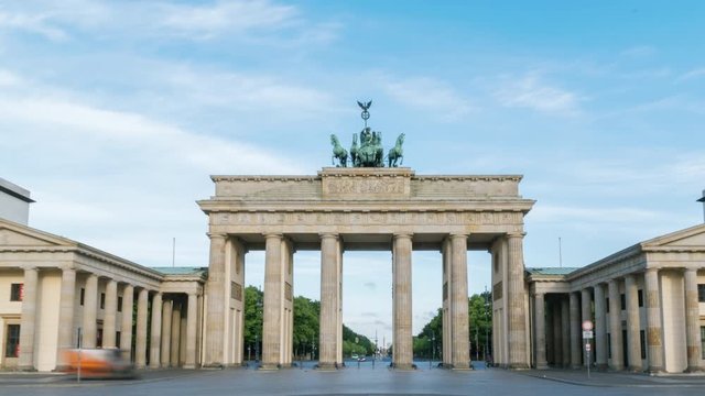 Hyperlapse time lapse sequence of the Brandenburg Gate of Berlin in early morning sun light