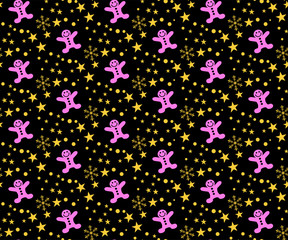 Fototapeta na wymiar Christmas seamless pattern with stars and snowflakes on black Background. Color - black, pink, yellow. Vector image