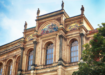 Fototapeta na wymiar Munich, detail of the frontal facade of the Maximilianeum, Renaissance Palace completed in year 1874, premises of a gifted student's foundation and of the Bavarian state parliament.