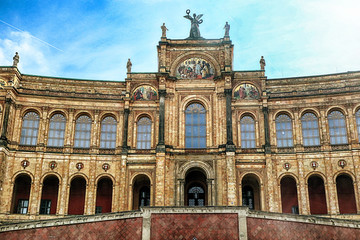 Munich, frontal view of the Maximilianeum, Renaissance Palace completed in year 1874, premises of a gifted student's foundation and of the Bavarian state parliament.