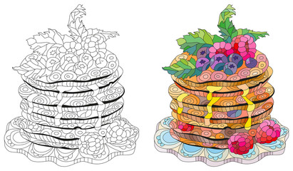 Vector pancakes with raspberries, blueberries and mint leaves. Color and outline set.