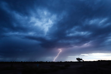 Lightning during a severe thunderstorm in the sunset light in the arid landscape of the Atacama desert, Chile