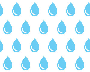Blue identical drops of water on white background, seamless pattern. Drops as symbol of rain. Heavy rain. Vector background
