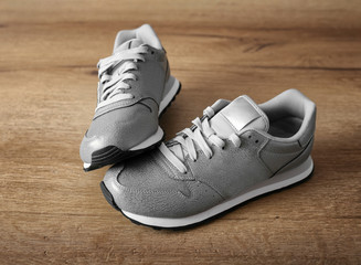 Gray sneakers as a lifestyle of a modern person