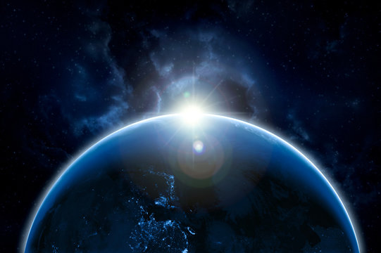 Blue sunrise over Earth in the space art blue gradient space wallpaper. Elements of this image furnished by NASA