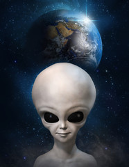 Portrait of a gray alien on the background of the cosmos and earth planet. 3D illustration © Lena_graphics