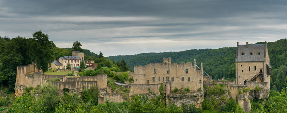panorama view of the historic castle of Larochette in the village of Larochette in the  canton of Mersch in Luxembourg
