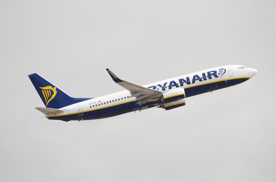TENERIFE, SPAIN - JUNE 3: Ryanair Boing 737 taking off at Tenerife south Airport on a cloudy day on June, 3 2015. Ryanair is the largest low-cost carrier in Europe