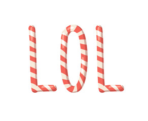 Cartoon vector illustration Christmas Candy Cane. Hand drawn font. Actual Creative Holidays sweet alphabet and word LOL