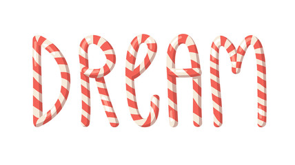 Cartoon vector illustration Christmas Candy Cane. Hand drawn font. Actual Creative Holidays sweet alphabet and word DREAM