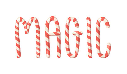 Cartoon vector illustration Christmas Candy Cane. Hand drawn font. Actual Creative Holidays sweet alphabet and word MAGIC