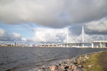 Fototapeta premium Cable-stayed bridge over a large river on a sunny day
