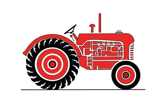 Vintage red farm tractor vector drawing