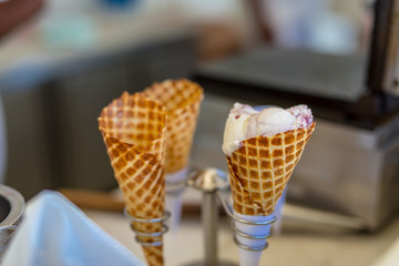Ice cream cone Soft focus. Hand made ice cream and cones