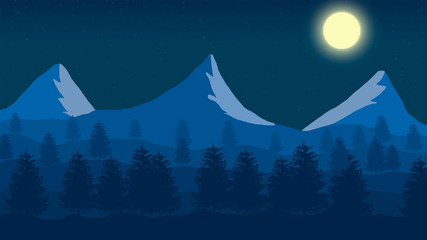  2D landscape landscape of mountains of trees against the background of the night sky and moon