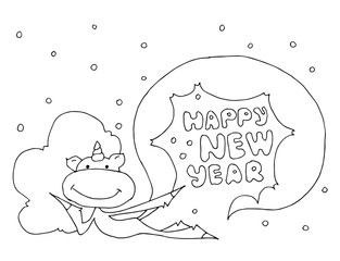 Cute fabulous unicorn with outlined for coloring book isolated on a white background. Unicorns wishes a Happy New Year under the snow. Winter. New Year and Merry Christmas spirit.