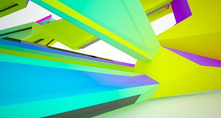 Abstract architectural white interior with color gradient and black of a minimalist house with large windows. 3D illustration and rendering.