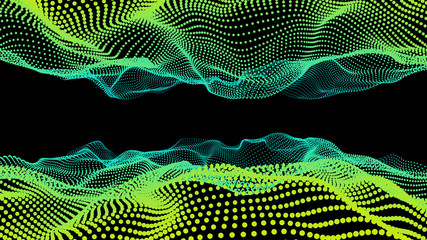 3d sea dots wave reflect glowing stream flow