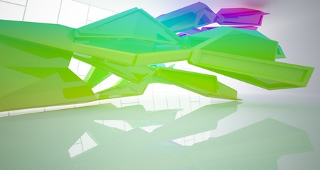 Abstract architectural white interior with color gradient of a minimalist house with large windows. 3D illustration and rendering.