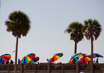 Colorful Umbrellas under Palm Trees on a pier at the Beach