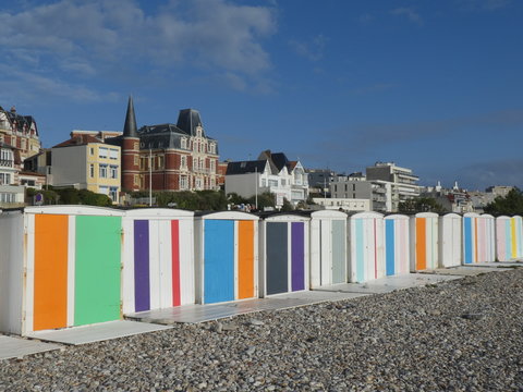 Colorful beach huts on the beach of Le Havre, Normandy, France