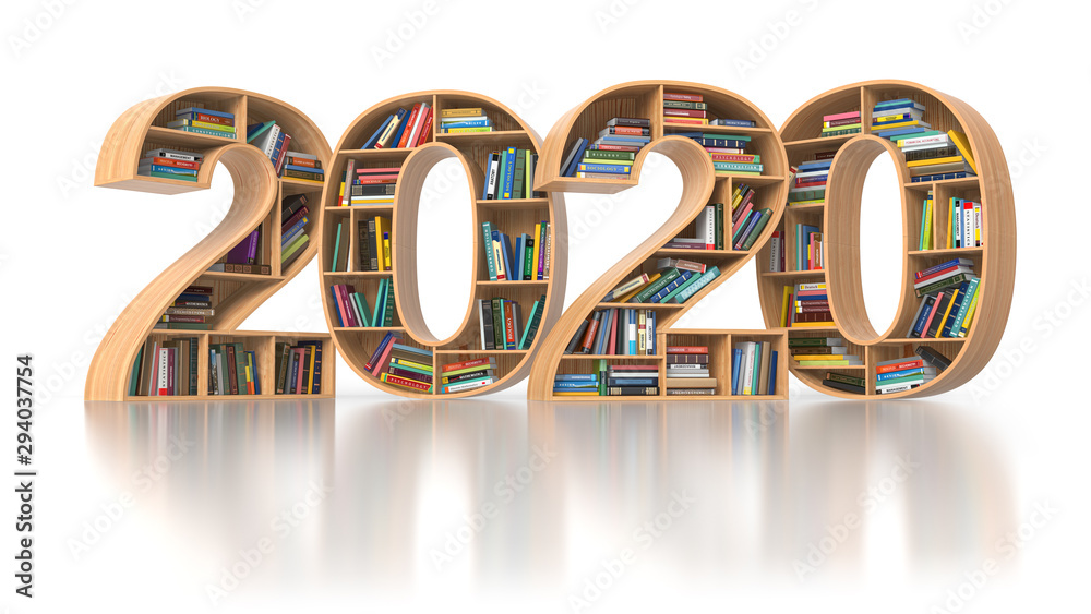 Aufkleber 2020 new year education concept. bookshelvs with books in the form of text 2020.