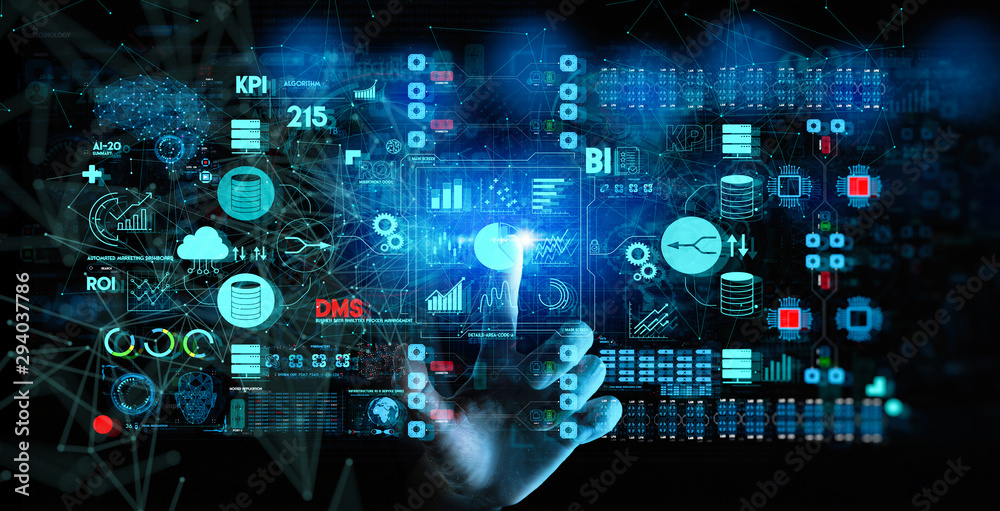Poster Business data analytics process management with businesswoman hand touching connected gear cogs with KPI financial charts and graph and automated marketing dashboard.