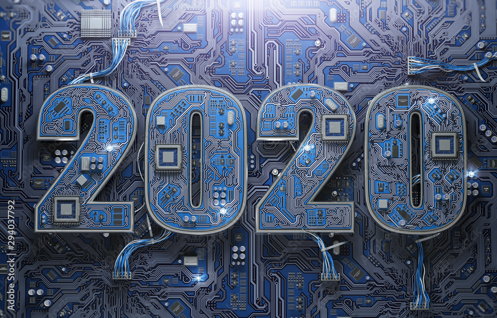 Poster 2020 on circuit board or motherboard with cpu. Computer technology and internet commucations digital concept background. Happy new 2020 year.