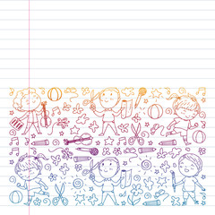 Creative kids dancing, sing, playing football, playing guitar, violin, making models from paper. Gradient drawing on exercise notebook.