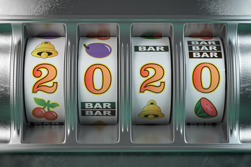 2020 Happy New Year in casino. Slot machine with jackpot number 2020.
