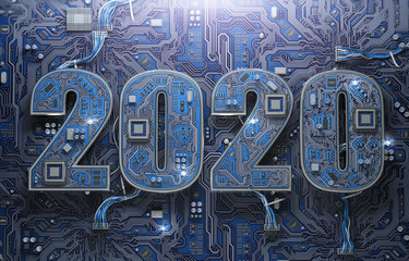 2020 on circuit board or motherboard with cpu. Computer technology and internet commucations digital concept background. Happy new 2020 year.