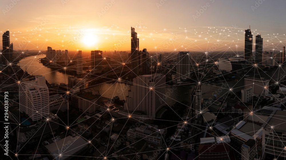 Poster Wireless network and Connection technology concept with Abstract buildings and city background