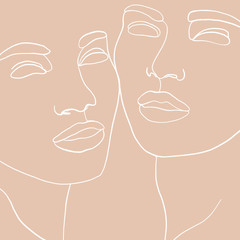 Abstract faces one line drawing. Continuous line, drawing of beauty faces of two womans. Portret minimalist style. Fashion concept, beauty minimalist, one line vector illustration © Екатерина Исаева