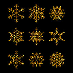 Collection of gold snowflakes. Vector isolated icons for winter holidays, christmas and new year illustrations