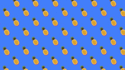 A repeated pattern of yellow ananas fruits, floating towards the upper left angle of the screen, over a blue background. Stylish animated backdrop.
 - Powered by Adobe