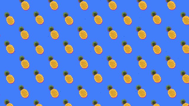 A repeated pattern of yellow ananas fruits, floating towards the upper left angle of the screen, over a blue background. Stylish animated backdrop.
